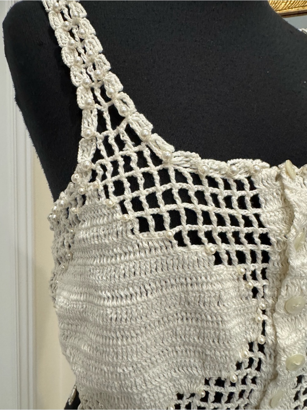 Cream Crochet Button-Front Camisole with Beaded Fringe - Picture 4 of 6